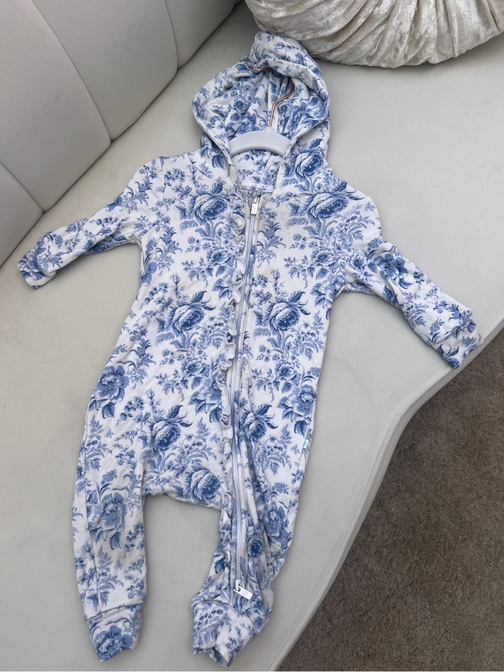 Posh Peanut footless bamboo Hooded One-Piece Romper in Blue Floral